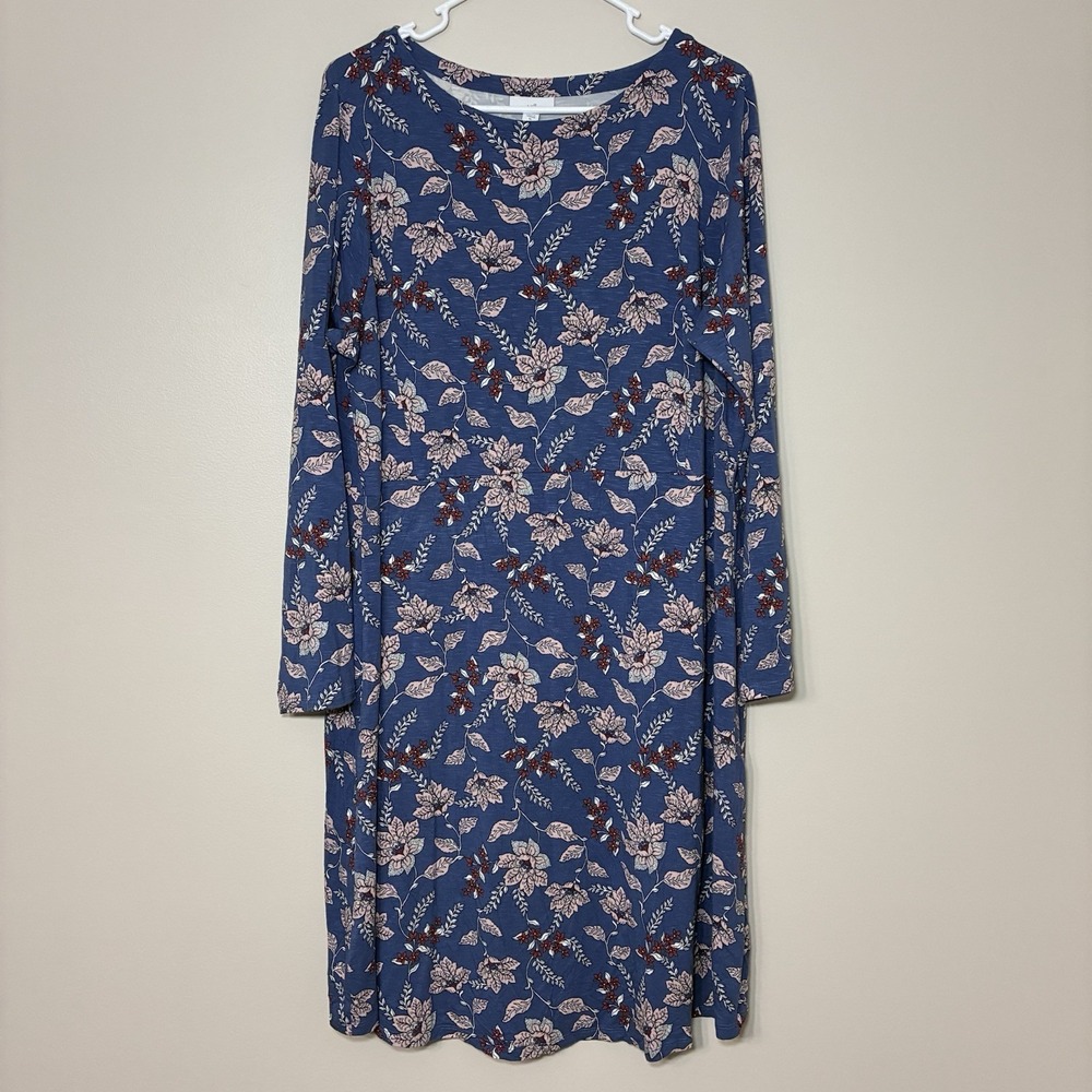 J Jill Dress Womens XL Blue Floral Short Shift Long Sleeve Round Neck Flowers